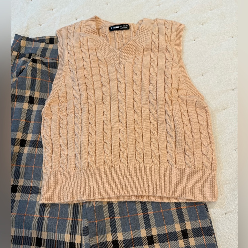 Cable Knit Vest and Plaid Wide Leg Pants Set size S pants size 6 vest